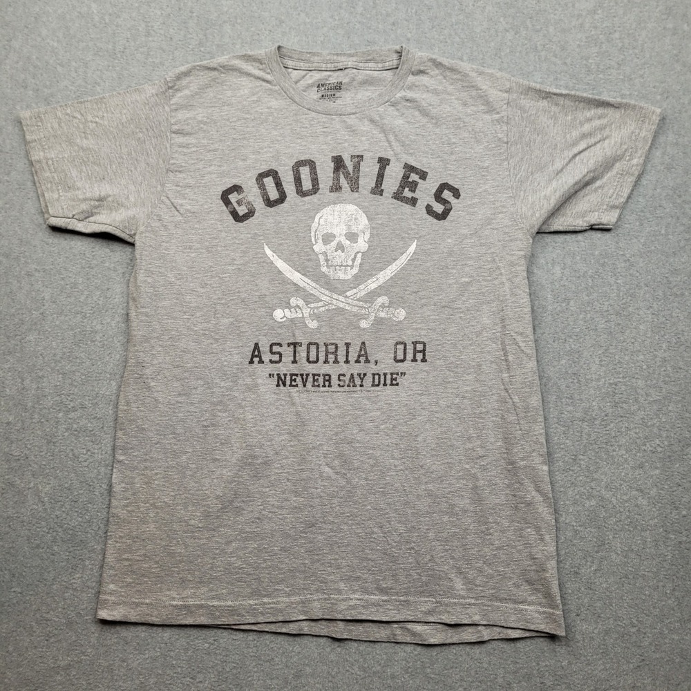 Goonies T-Shirt Mens Medium Gray Astoria OR Never Say Die Skull Swords
